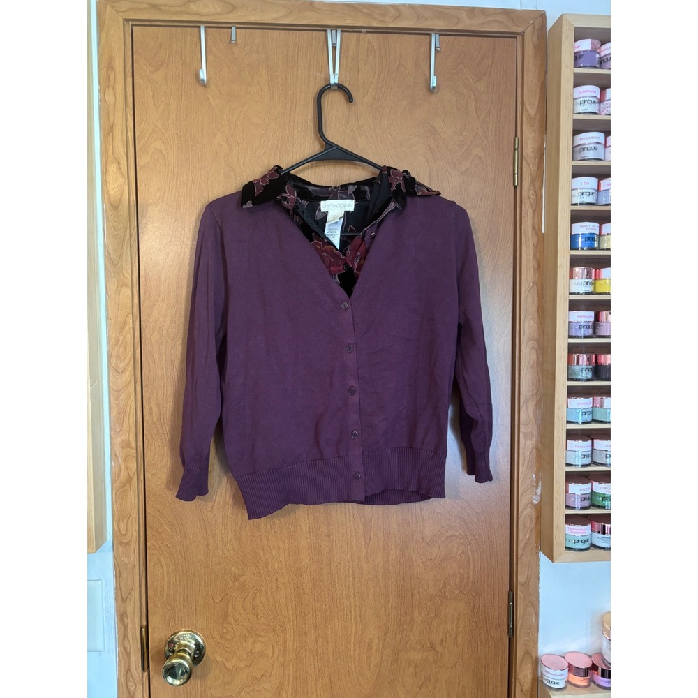 Cynthia Rowley Purple Layered Cardigan Floral Velvet Trim Blouse 2-in-1 Top S